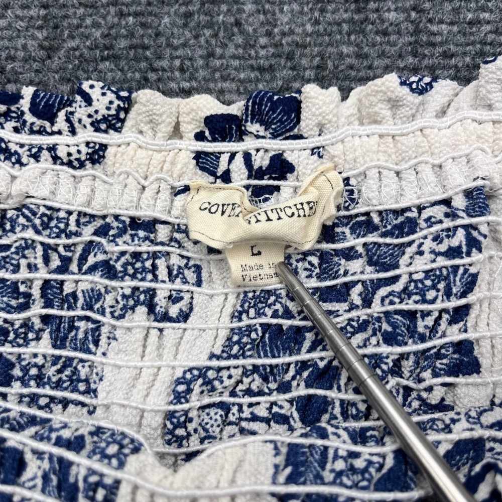Coverstitch Floral Smocked Boho Off Shoulder Blue White Romper - Picture 3 of 6